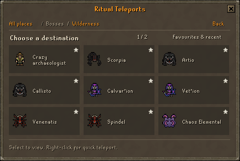 Ritual's Wilderness travel catalogue showing boss portraits for Crazy archaeologist, Scorpia, Artio, Callisto, Calvar'ion, Vet'ion, Venenatis, Spindel and Chaos Elemental.